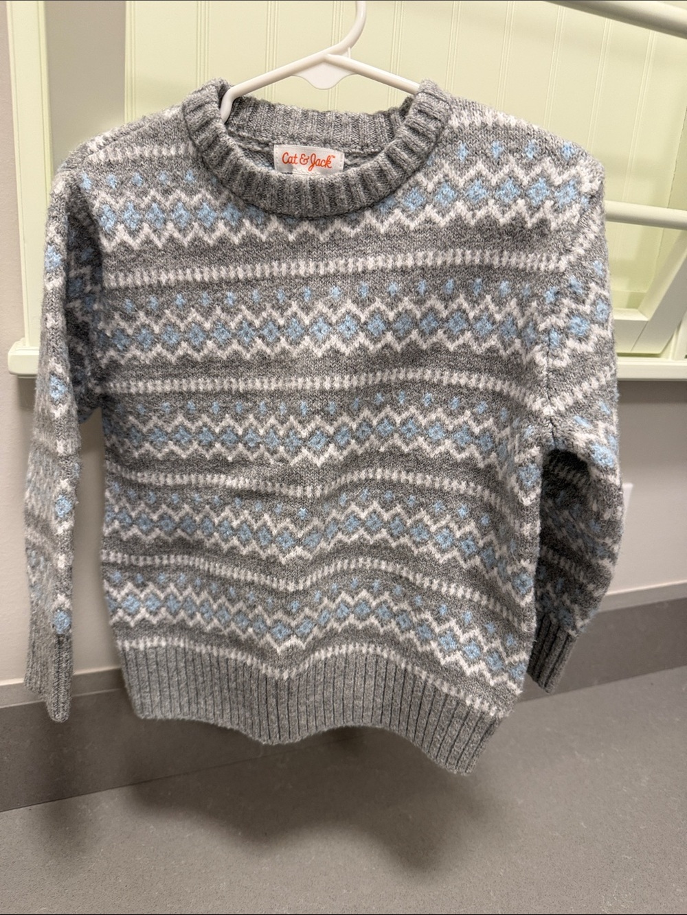 Cat & Jack Gray Fair Isle Crewneck Sweater with Light Blue Accents